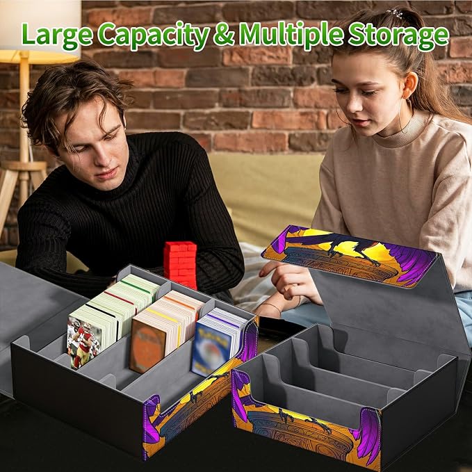 Card Deck Box for MTG, Cards Storage Box Fits 120+ Sleeved, Leather Big Size Strong Magnetic Closing Case for Board Games Magic TCG CCG Baseball Collection Women, Eagle With Purple Wings