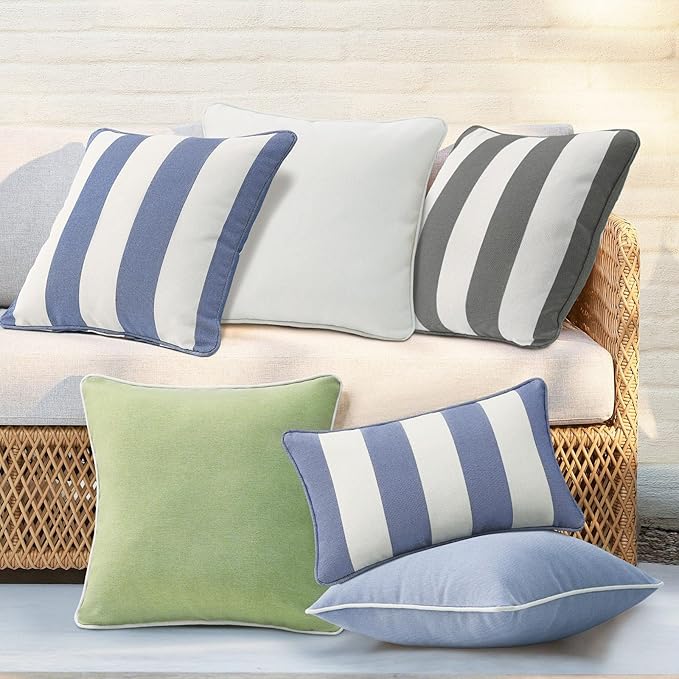 Decorative Outdoor Water Repellent Throw Pillows with Inserts, Set of 4, 16" x16" Pillows for Patio, Backyard, Bed, Couch, and Patio Furniture, Gray Stripe