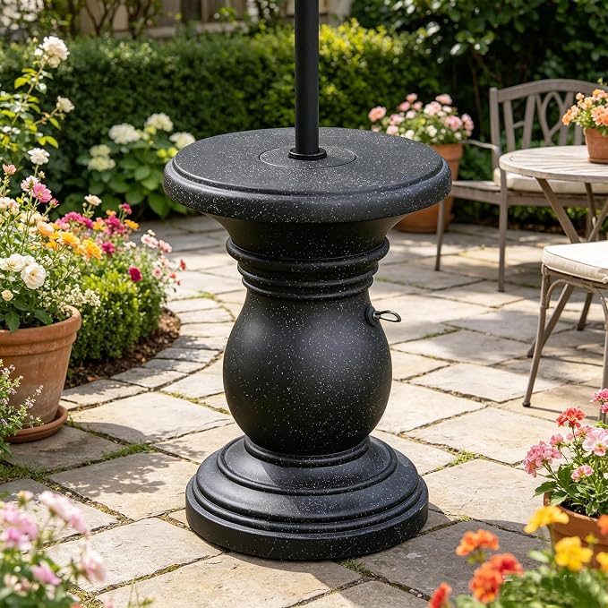 Outdoor Umbrella Side Table, Patio Table with Umbrella Hole for Porch, Concrete Modern Coffee Picnic or Poolside Table, Black
