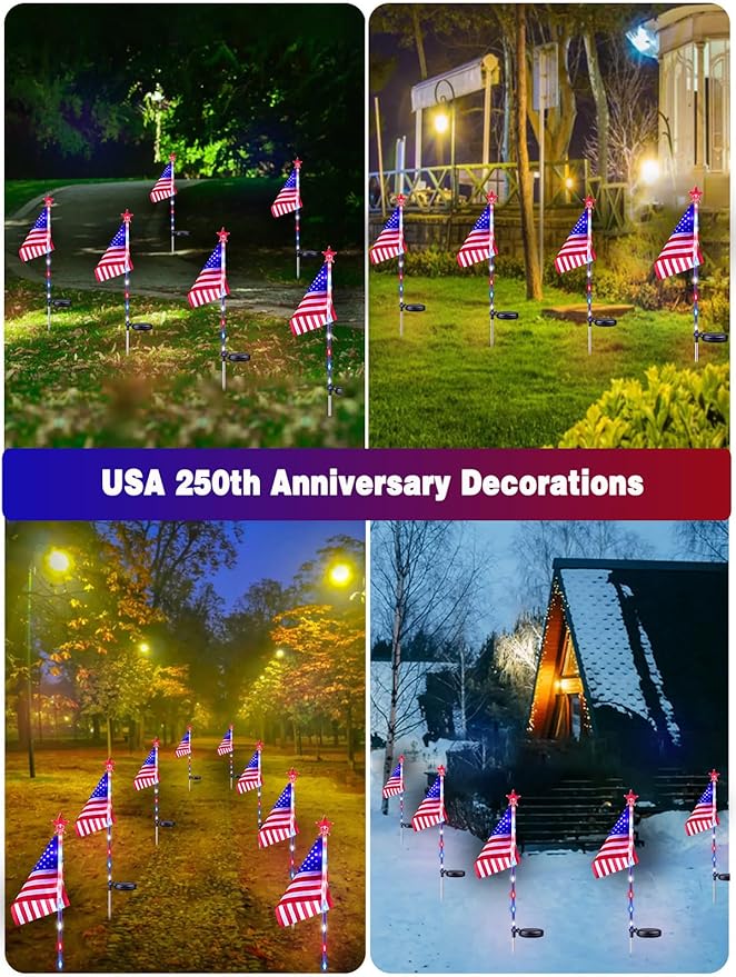 8 Pack Solar American Flag Lights Outdoor, 4th of July Decorations Outdoor, Waterproof Solar Flag Patriotic Lights for Yard, Garden, Pathway, Independence Day, 250th Anniversary (Red White and Blue)