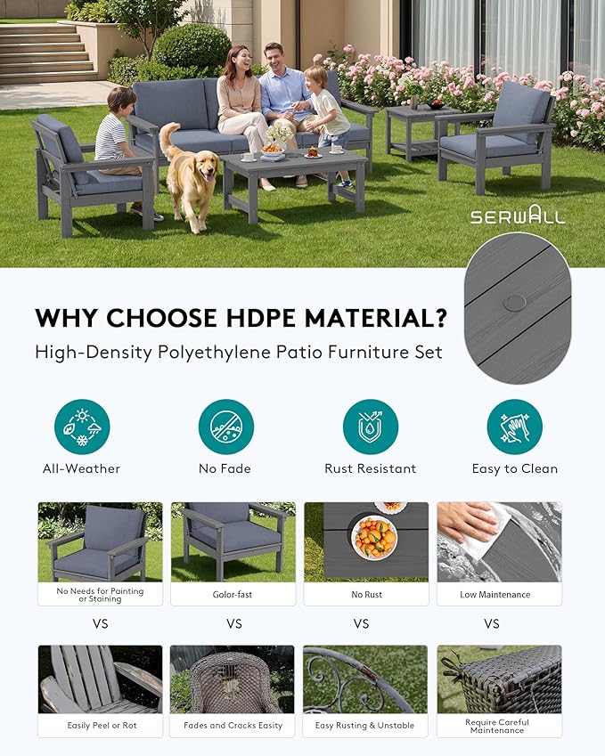 SERWALL HDPE Outdoor Couch with Coffee Table & Side Table & 15FT Umbrella