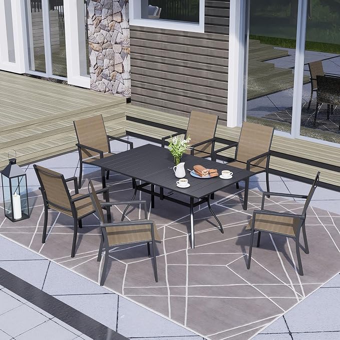 Anmutig Patio Dining Table for 6 Person, Outdoor Metal 63x38 Inch Rectangle Table with 1.57" Umbrella Hole for Garden Lawn Backyard Poolside Parties, Black