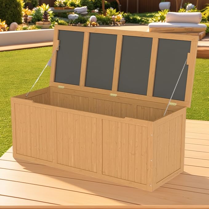112 Gallon Outdoor Wooden Deck Box Solid Wood Storage Box Seat Table Top for Patio Furniture Cushions, Pool Toys Garden Tools
