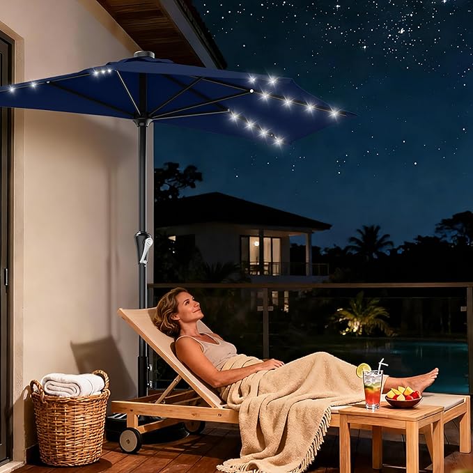 AreShark 9ft Patio Half Umbrellas with Solar Lights, 1/2 LED Half Outdoor Umbrella w/ 20 LED Lights, Lighted Table Wall Umbrella with Crank & 5 Sturdy Ribs for Market, Pool, Deck, Lawn and Garden, Navy