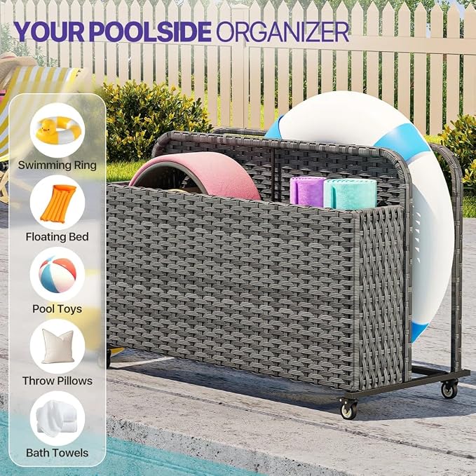 Poolside Deck Box, Poolside Storage Organizer With Pe Rattan Wicker Basket, For Floats & Accessories, Galvanized Frame With Locking Wheels