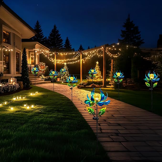Solar Wind Spinners Outdoor Metal Kinetic Lotus Flower, Pinwheels for Yard and Garden Decor with Warm Crackle Glass Globe, 360° Spinning Yard Art Sculpture