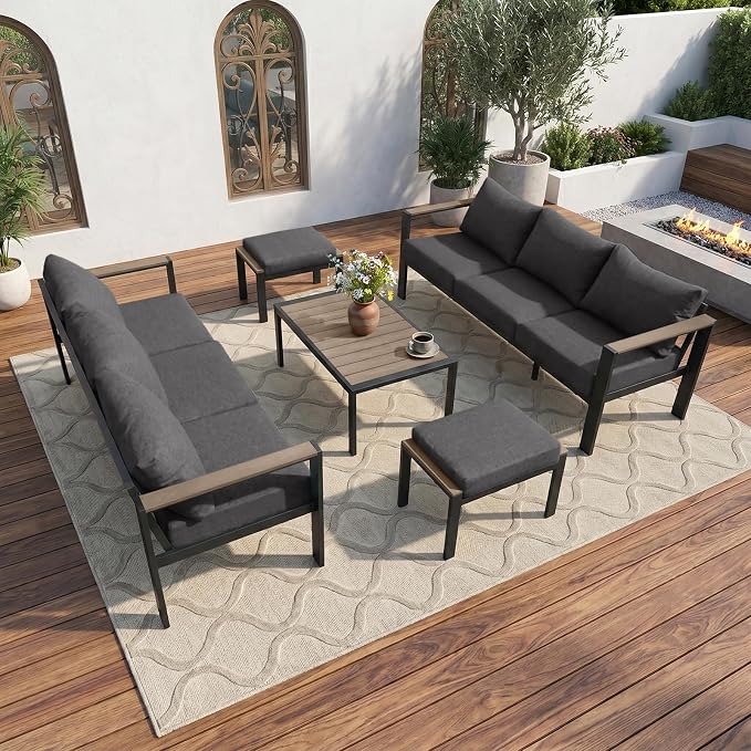 Patio Furniture Set 8 Seats and Coffee Table, Patio Conversation Set with Washable Thick Cushions, Deluxe Aluminum Modern Outside Sectional for Porch, Balcony, Deck, Yard, Dark Gray