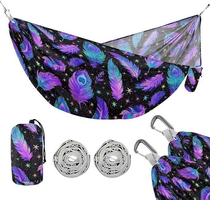 Camping Hammock Outdoor Hammocks for Outside Holographic Purple Feather Beach Trees Portable Lightweight with Pockets Tree Straps Indoor Small