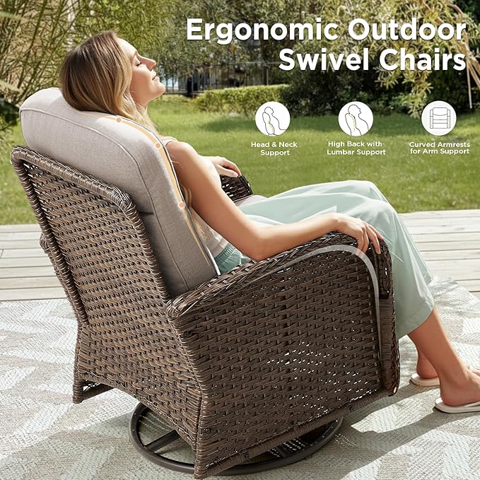 Luxury Outdoor Patio Furniture Set with 6-Inch Thick Cushions, 9 Pieces Wicker Outdoor Furniture with High Back Swivel Patio Chairs Set of 4, Outdoor Patio Conversation Set for Deck Garden, Beige