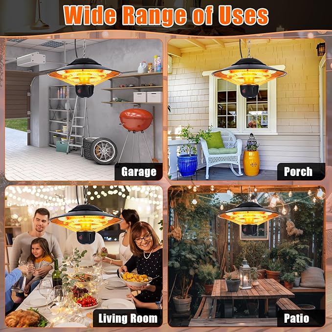 Glooglitter 1500w Ceiling Mounted Outdoor Heaters Electric Hanging Infrared Patio Heater with Remote Control, Dust Cover and Adjustable Chain, 3 Adjustable Modes for Garage, Gazebo, Balcony, Courtyard