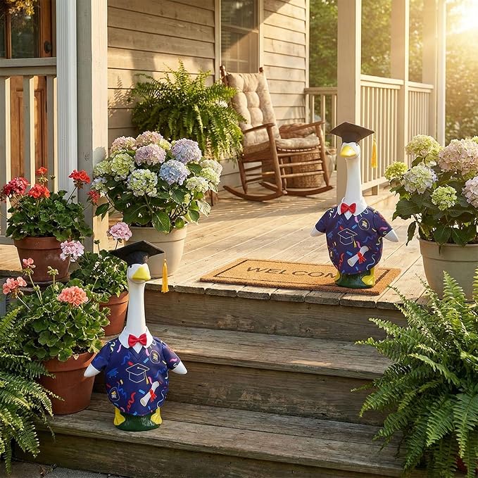 Graduation Porch Goose Outfits - 2Pcs Grad Cap & Gown Goose Outfits for 23 Inch Goose Statues, Includes Cap and Gown with Red Bowtie, Grad Porch Goose Decor for Lawn Garden Yard Party