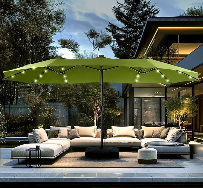 PHI VILLA 15 ft Umbrella Outdoor Patio Solar Lights with Base, Outdoor Double-Sided Large Market Rectangle Umbrellas with 36 LED Lights, Lime Green