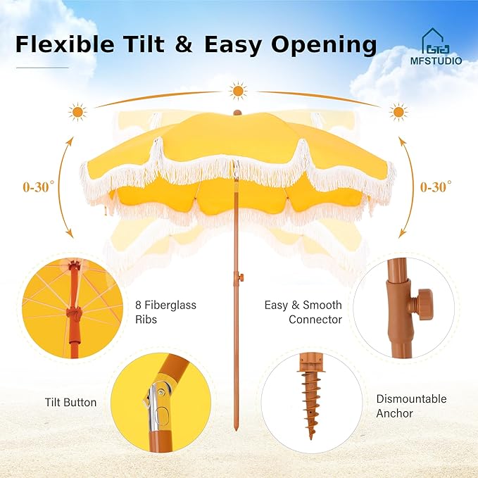 MFSTUDIO 7ft Beach Umbrella with Fringe, Tassel Umbrellas UPF50+ with Tilt Button & Crank, Holiday Outdoor Umbrella with Carry Bag, Ideal for Garden Lawn Poolside, Gold Yellow