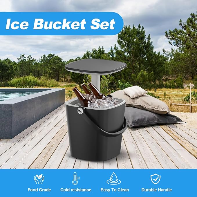 Outdoor Cooler Side Table, Drink Cooler Bar, Portable Ice Bucket, Lift Top Lid Beer and Wine Cool with Handle, Pop Up Patio Table (Black)