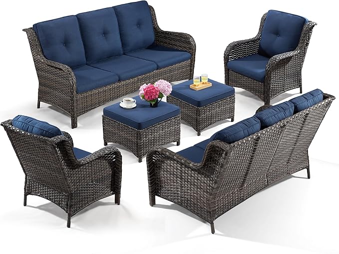 Outdoor Wicker Couch Set 6 Pieces - Outdoor Wicker Patio Furniture Set with 2 Armchairs, 2 Couch and 2 Ottomans, Olefin Cushions Included(Mixed Grey/Blue)