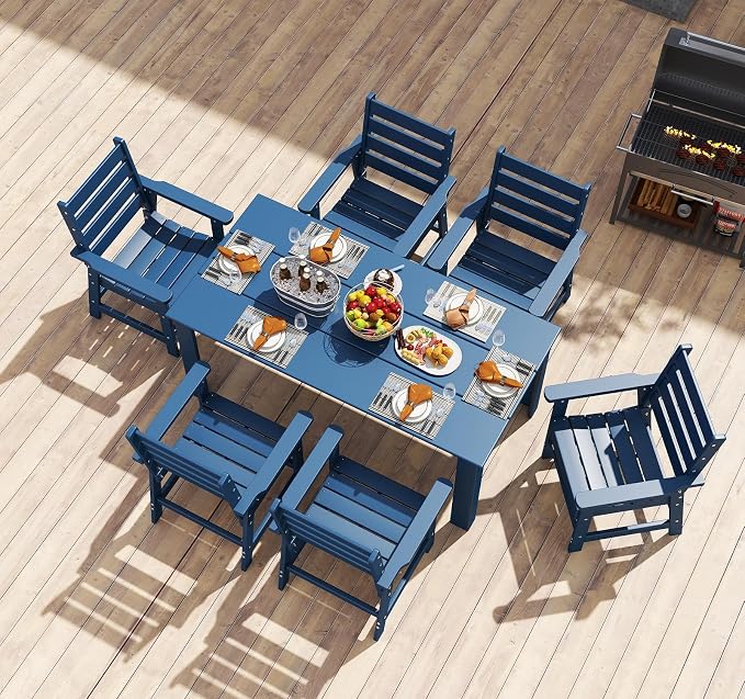 BRIOPAWS Outdoor-Dining-Set | 7 Piece | HDPE | 67" Patio Table and Chairs Sets for 6 | Patio Dinner Furniture | All Weather | Umbrella Hole | for Poolside Deck Backyard Outdoors | Blue