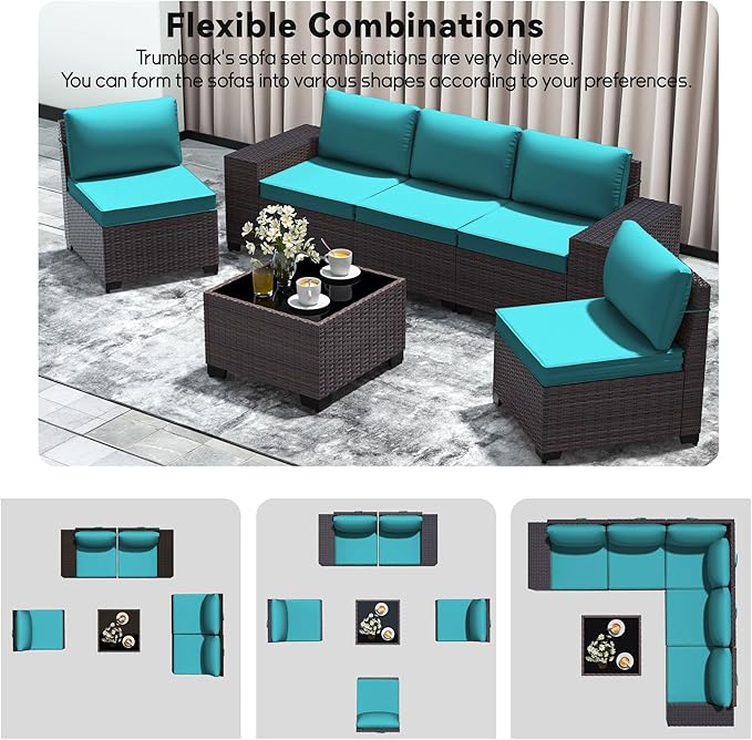 Patio Furniture Set 6 Pieces Outdoor Sectional Sofa Set,PE Rattan Wicker Patio Conversation Set with Thickened Cushions and Glass Coffee Table,Blue