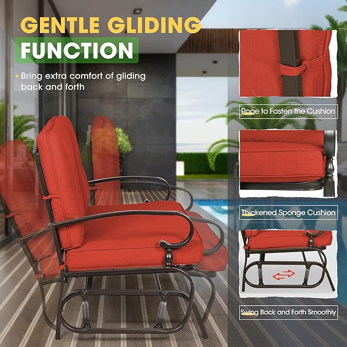 Incbruce 5 Pcs(6 Seats) Outdoor Metal Furniture Sets Wrought Iron Patio Conversation Sets, (Glider, 2 Single Chairs, Loveseat, and Coffee Table) with Cushion (Red)