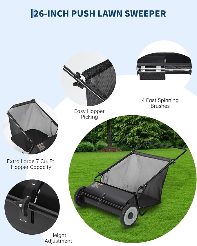 21in & 26in Heavy-Duty Push Lawn Sweeper - 4 Spinning Brushes, 3.5/7Cu. ft. Capacity, Adjustable Height for Grass, Leaves & Debris on All Terrains