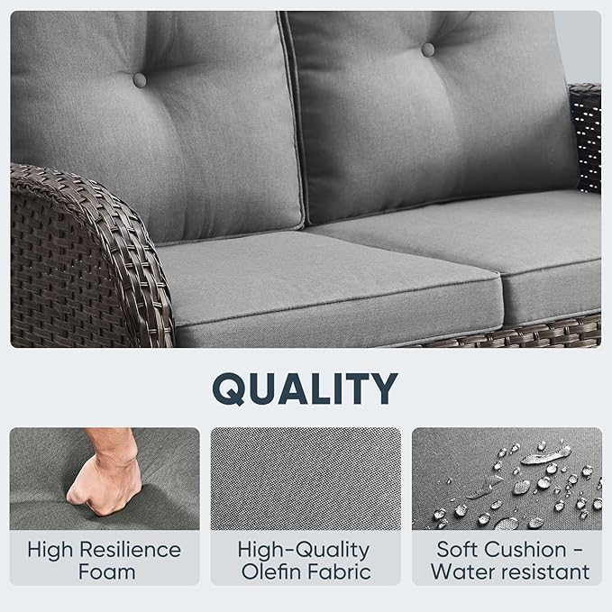 Belord 5-Piece Patio Furniture - Outdoor Conversation with Deep Seating Swivel Rocker Chairs Loveseat and Rattan Coffee Table, Brown with Gray Cushion