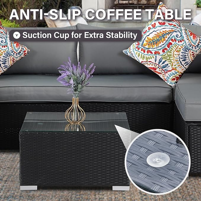 7-Piece Outdoor Patio Furniture Set, Outdoor Couch - Handwoven All-Weather Rattan & 4” Thick Waterproof Cushions, Wicker Outdoor Conversation Sets with Coffee Table for Backyard, Garden, Black/Grey