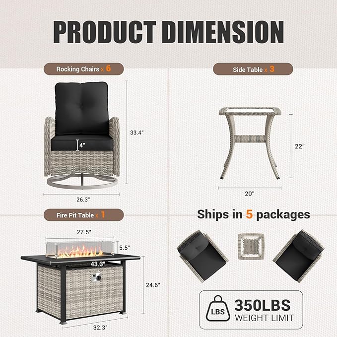 10Pcs Patio Rocking Swivel Chair with 55,000 BTU Fire Pit Table Outdoor Wicker Rattan Bistro Set with Tempered Glass Side Table, Outdoor Patio Furniture Set for Garden and Balcony, Dark Grey