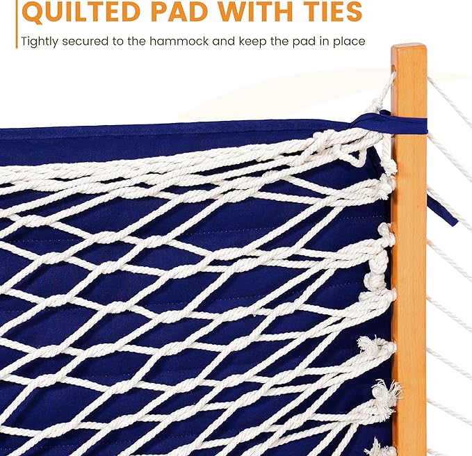 Lazy Daze Hammocks Rope Hammock with Pad, Spreader Bar, Carabiners, Tree Straps, Chains for Outside Patio- Max 450 Lbs, Navy Blue Stripes