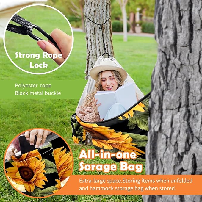 Hammock Double & Single Portable Hammocks with Storage Bag Travel Camping Beach Hiking Backpacking Patio Backyard-Indoor Outdoor Gear Sunflower (2)