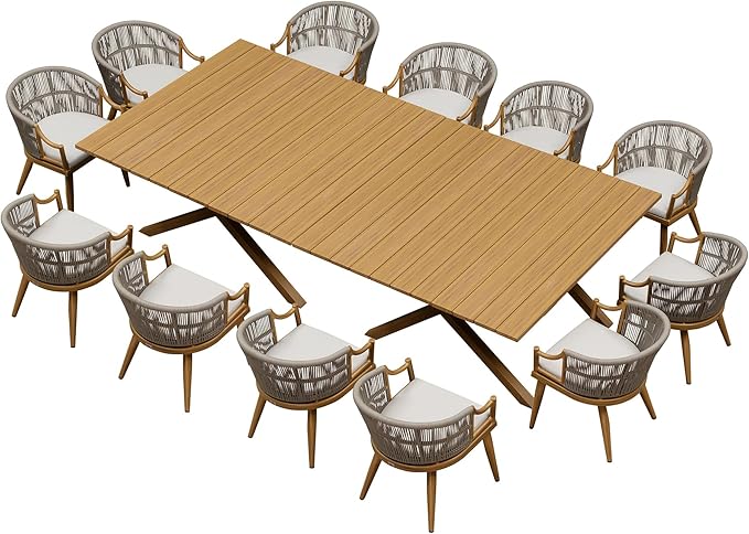 PURPLE LEAF 14 Pieces Outdoor Dining Set All Weather Wicker Patio Dining Set with Rectangular Aluminum Table and Modern Armrest Dining Chairs for Garden Deck Backyard Kitchen, Teak