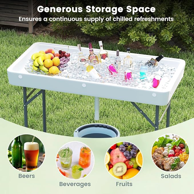 4 Foot Folding Ice Cooler Table, Portable Ice Tables for Parties with Drain, Detachable Matching Skirt & Foldable Bucket, Fill and Chill Table for Party, Picnic, Camping, Wedding, White