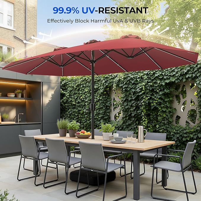 HOMSHADE Double Sided Patio Umbrellas with Base - 15ft RGB Multi-Color Flowing LED Lights Outdoor Extra Large Market Table Umbrella w/Stand, Oversized Umbrella for Deck, Pool, Backyard,Red