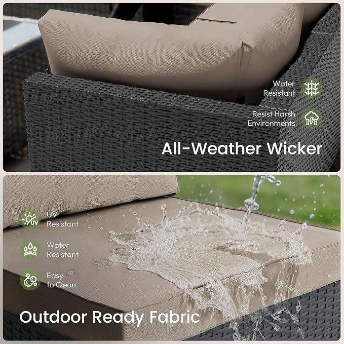 Patio Furniture Set - All-Weather - 7 Piece Patio Outdoor Conversation Set, Modular Wicker Rattan Sectional Sofa for Backyard, Garden, Poolside, Balcony, Porch, Patio,Black/Khaki
