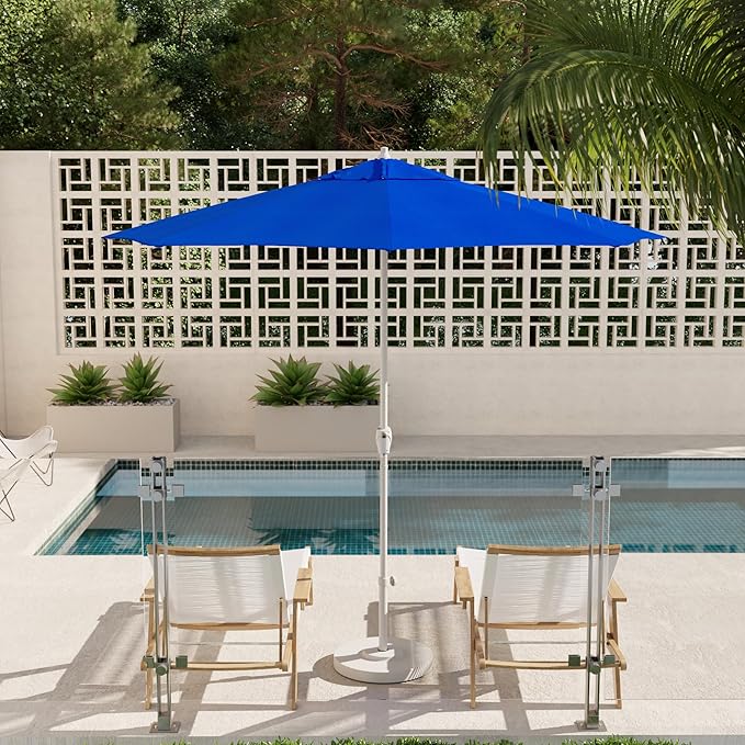 California Umbrella 12-Year Protection 9' Rd Aluminum Patio Umbrella, Crank Lift, Auto Tilt, White Finish, Sunbrella Pacific Blue