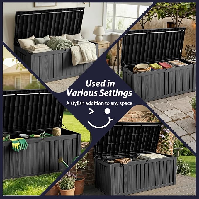 150 Gallon Outdoor Deck Storage Box, All Weather Vertical Wood Grain Lockable Storage Container for Patio, Poolside & Backyard Extra Large Outdoor Storage (Black,150GAL)