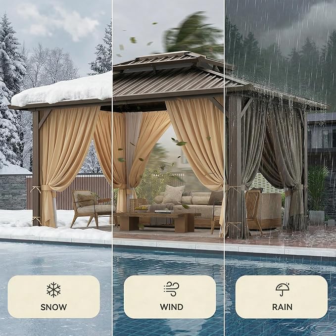 HOTEEL 10x12 Hardtop Gazebo Hot Tub Gazebo with Flame-Retardant Curtain Netting, Heavy Duty Pavilion with Galvanized Steel Double Roof, Aluminum Frame Outdoor Canopy for Patio, Party