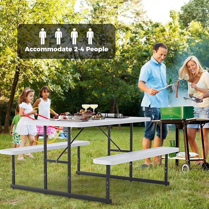 Byroce Outdoor Picnic Table for 4 Person, Rectangular Picnic Camping Table Set with Long Benches, Umbrella Hole & Metal Frame, Heavy Duty HDPE Dining Table Chairs for Patio, Yard & Poolside (White)