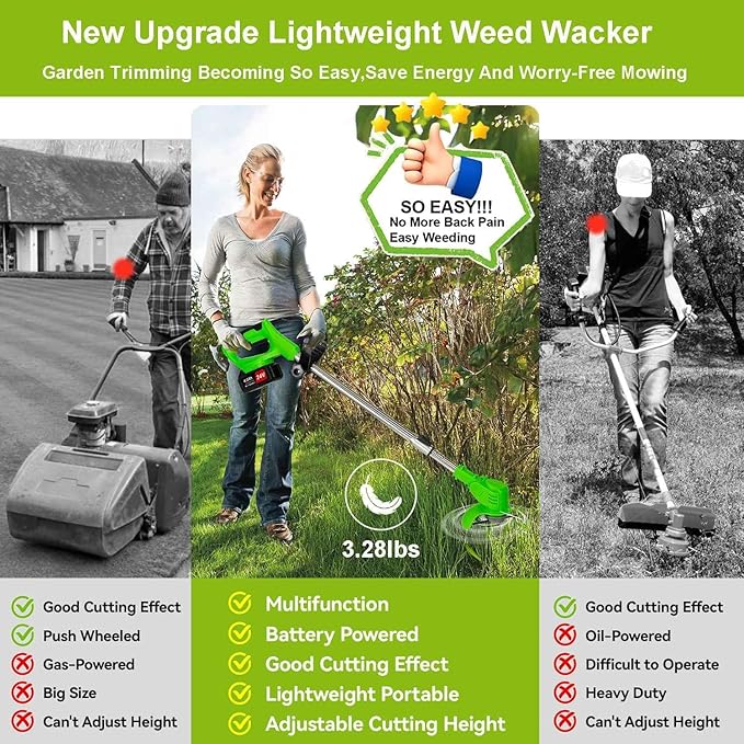 3-in-1 Cordless Grass String Trimmer, Brush Cutter & Edger Lawn Tool with 2X 24V 4.0Ah Li-ion Batteries, Telescopic Shaft and 17 Replacement Blades for Lawn Care, Garden & Yard Trimming (Green)