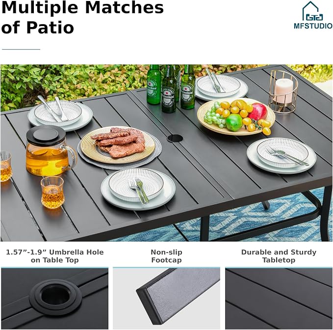 MFSTUDIO Outdoor Dining Set for 6 w/Umbrella Hole | Metal Patio Table and Chairs Set with Umbrella Hole,Perfect for Deck Backyard Poolside Garden