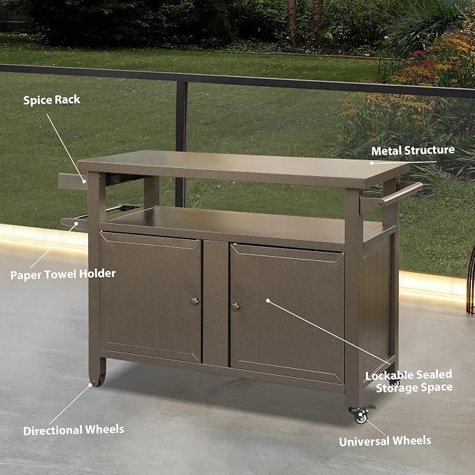 Metal Outdoor Storage Box and Grill Prep Cart with Wheels, 83 Gallon Deck Box for Patio Organization and BBQ Tool Storage, Lockable Cabinet for Garden Supplies, Brown, 51.67 x 20.31 x 35.51 Inches