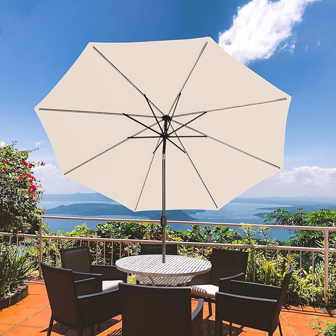 Sundale Outdoor Solar 104 LED 11 ft Patio Umbrella with Sand Bag Umbrella Base, Outdoor Umbrella with Tilt and Crank, Beige