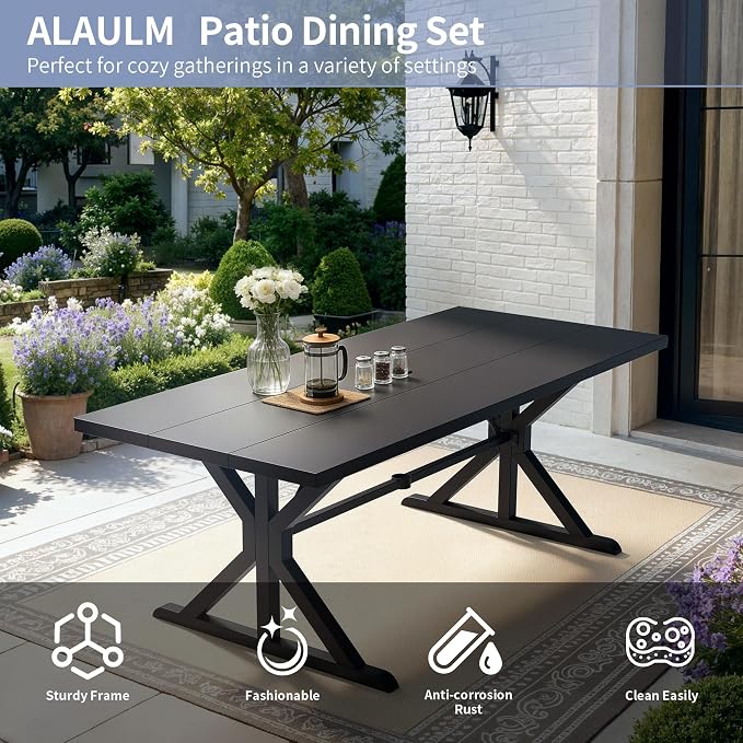 Kurapika 7-Piece Patio Dining Set, Outdoor Cross-Legged Large-Top Table with Umbrella Hole and 6 Swivel/Rocking Chairs, Patio Furniture Set for Garden, Deck, Brown