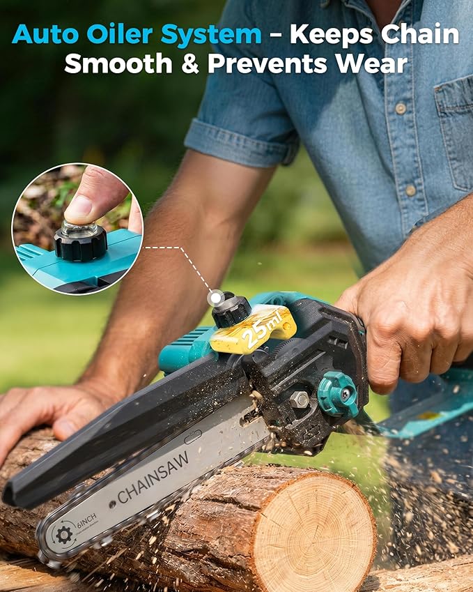 Mini Chainsaw Cordless with 2×3000mAh Rechargeable Batteries, Brushless 1000W Motor, 6 inch Electric Hand Held Tree Saw for Branch Trimming Wood Cutting, Gardening Gifts for Men Women