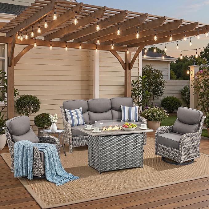 Luxury High Back Patio Furniture Set with 6-Inch Thick Cushions, 5-Pieces Outdoor Furniture with Swivel Chairs Fire Pit, Wicker Conversation Set for Porch, Balcony, Deck and Yard, Grey