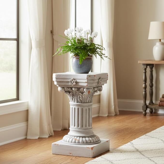 Merax 16.73" H Corinthian Pedestal Plant Stand, MGO Decorative Pedestal Side Table for Indoor Outdoor Entryway Garden Home, Antique White, No Assembly Needed
