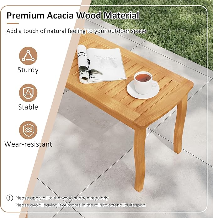 Tangkula 3 Pieces Patio Wood Dining Set, 63 Inch Outdoor Acacia Rectangular Table with 1.97” Umbrella Hole and Benches Set, for Deck, Garden and Backyard