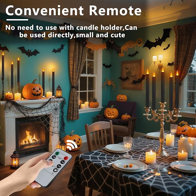wemarry Flameless Taper Candles 10" Dripless Battery Operated Taper Candles Included Remote Timer 400+ Hours by 2AA Batteries for Halloween Christmas Wedding (Black, 12 Pack)