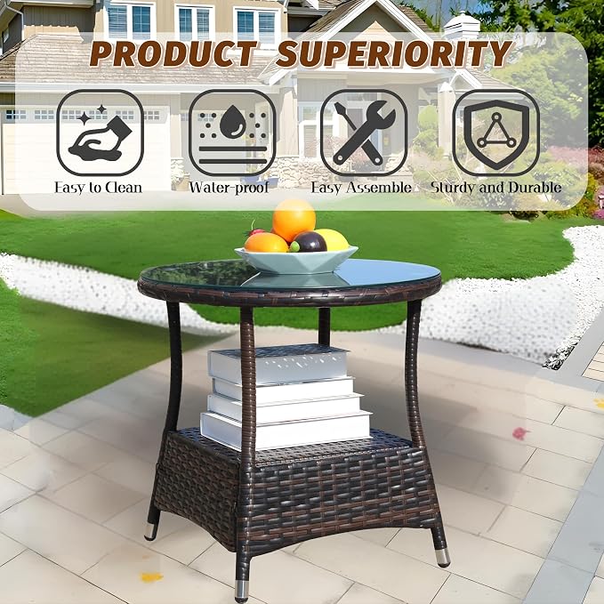 Outdoor Rattan Patio Side Tables, Wicker Table with Clear Tempered Glass Top, Patio End Tables with Storage Shelf, Outdoor Small Tables for Patio,Porch,Balcony,Backyard (Brown, 21.00 Inch)