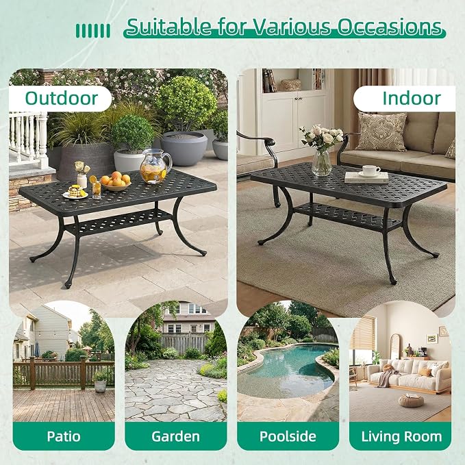 VIVIJASON Cast Aluminum Outdoor Coffee Table, 42 x 21 Inch Rectangular Patio Conversation Table with 2-Tier Storage, Rust-Resistant All-Weather Center Table for Deck, Backyard, Porch, Antique Bronze