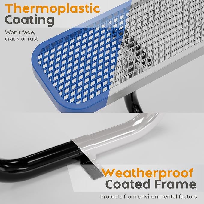 Commercial Heavy-Duty Metal Picnic Table with Backrest - ADA Compliant, Adjustable Seats, Umbrella Hole, Expanded Metal (Blue, 6' Rectangular with Back)