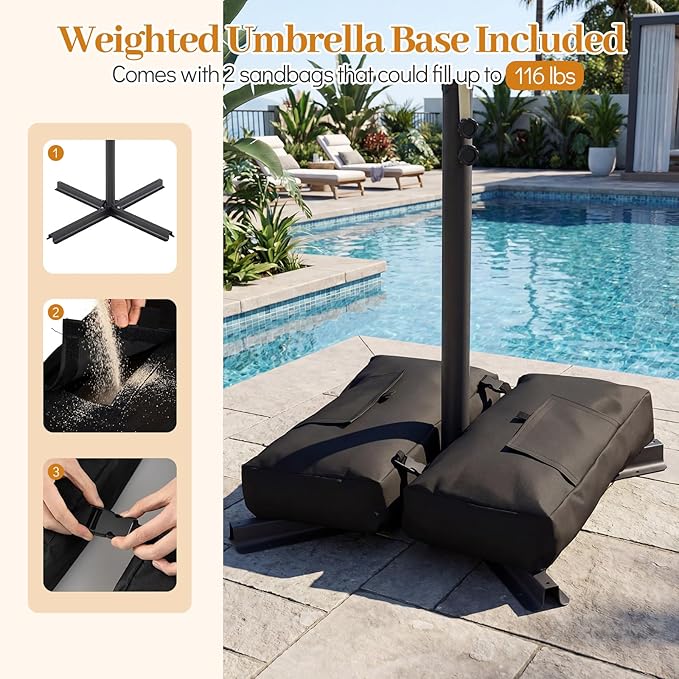 Tangkula 8x8 FT Patio Umbrella with Base Included, Square Offset Cantilever Outdoor Umbrella with 360 Degree Rotation, Crank Handle, Sandbags, 8 Ribs for Pool Deck Garden Backyard